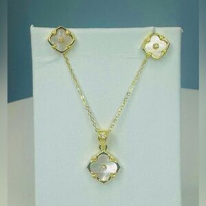 Quatrefoil Mother if Pearl 18K Gold and Sterling  Silver Necklace and Earrings